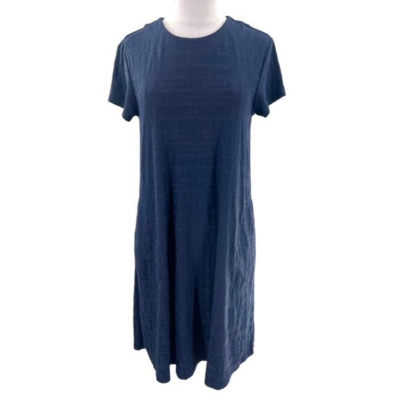 J McLaughlin Swing Dress Blue Jacquard Mini Knot Short Sleeve Stretch Pockets S - Picture 3 of 7